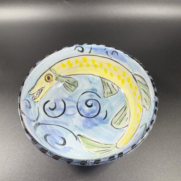 Hand Made Italian Pottery Dish Bowl Artist Signed Hand Painted Fish Animal Dish - Picture 12 of 12